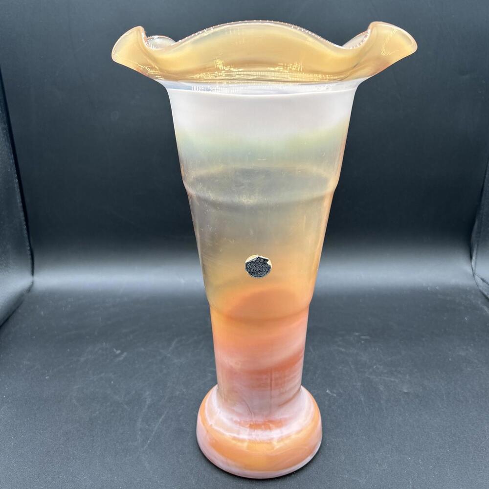 Altaglass Hand Blown Ruffled Edge Vase Peach White Opalescent Slag, Tall